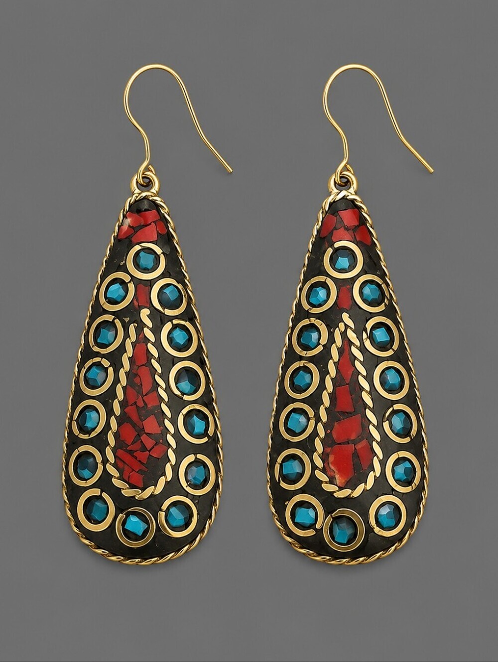 Tibetan Brass Turquoise Coral Mosaic Teardrop Dangle Hook Earrings